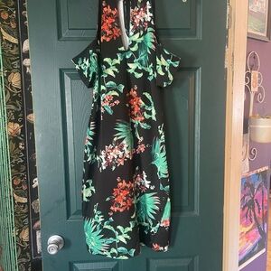 Black and Green Jumpsuit with Tropical Print